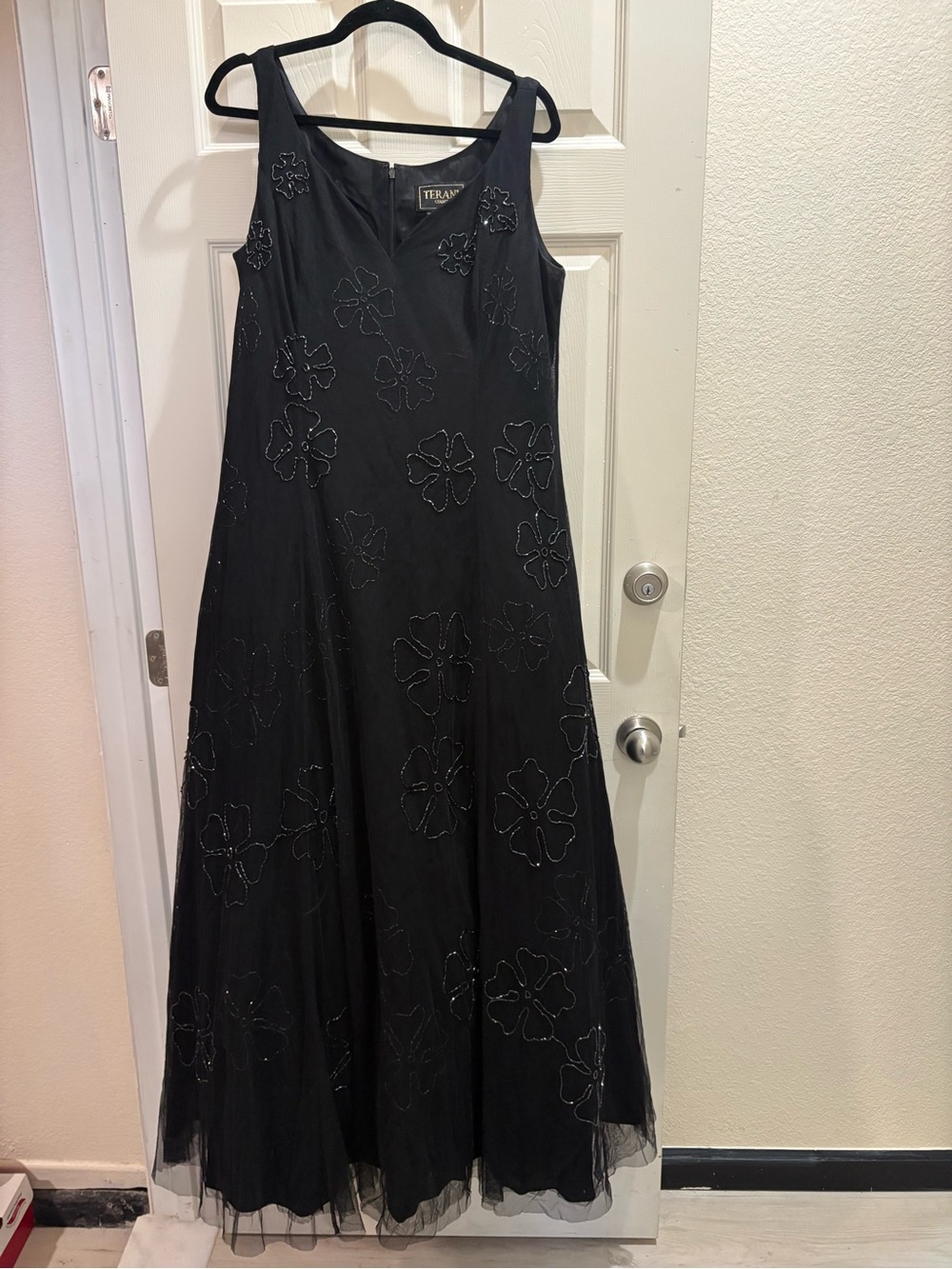 Terani Couture Black Beaded Floral A-Line Maxi Dress